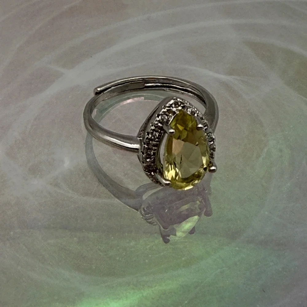 Citrine Yellow Pear Halo Ring Adjustable Silver‎ Tone Fashion Jewelry Women's
